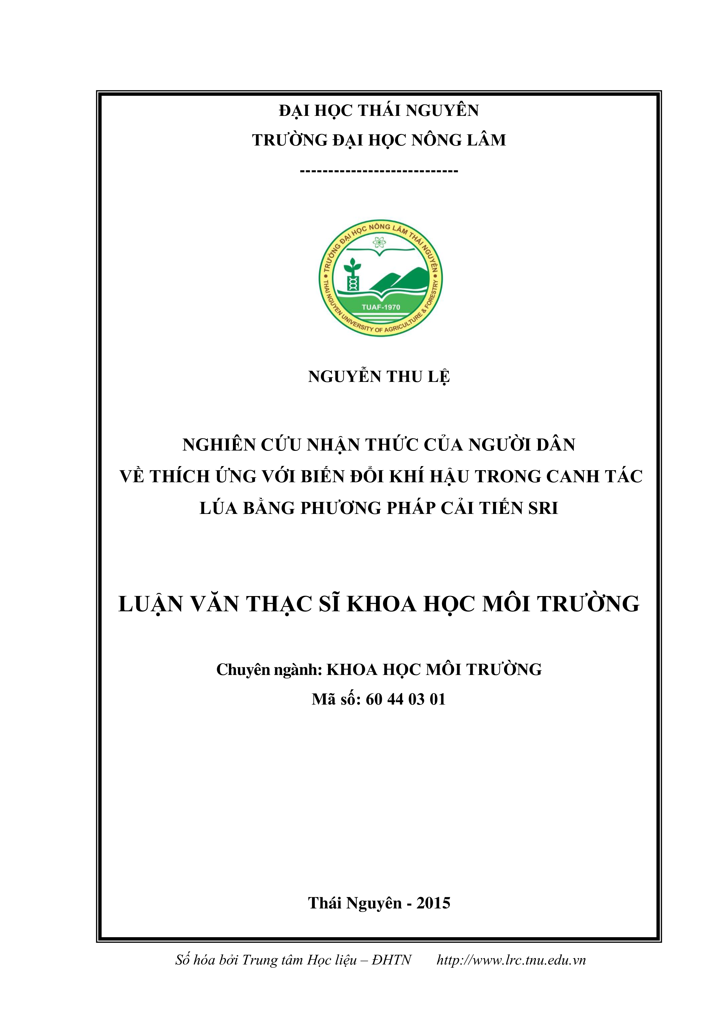 Nghiên cứu nhận thức của người dân về thích ứng với biến đổi khí hậu trong cách tác lúa bằng phương pháp cải tiến SRI