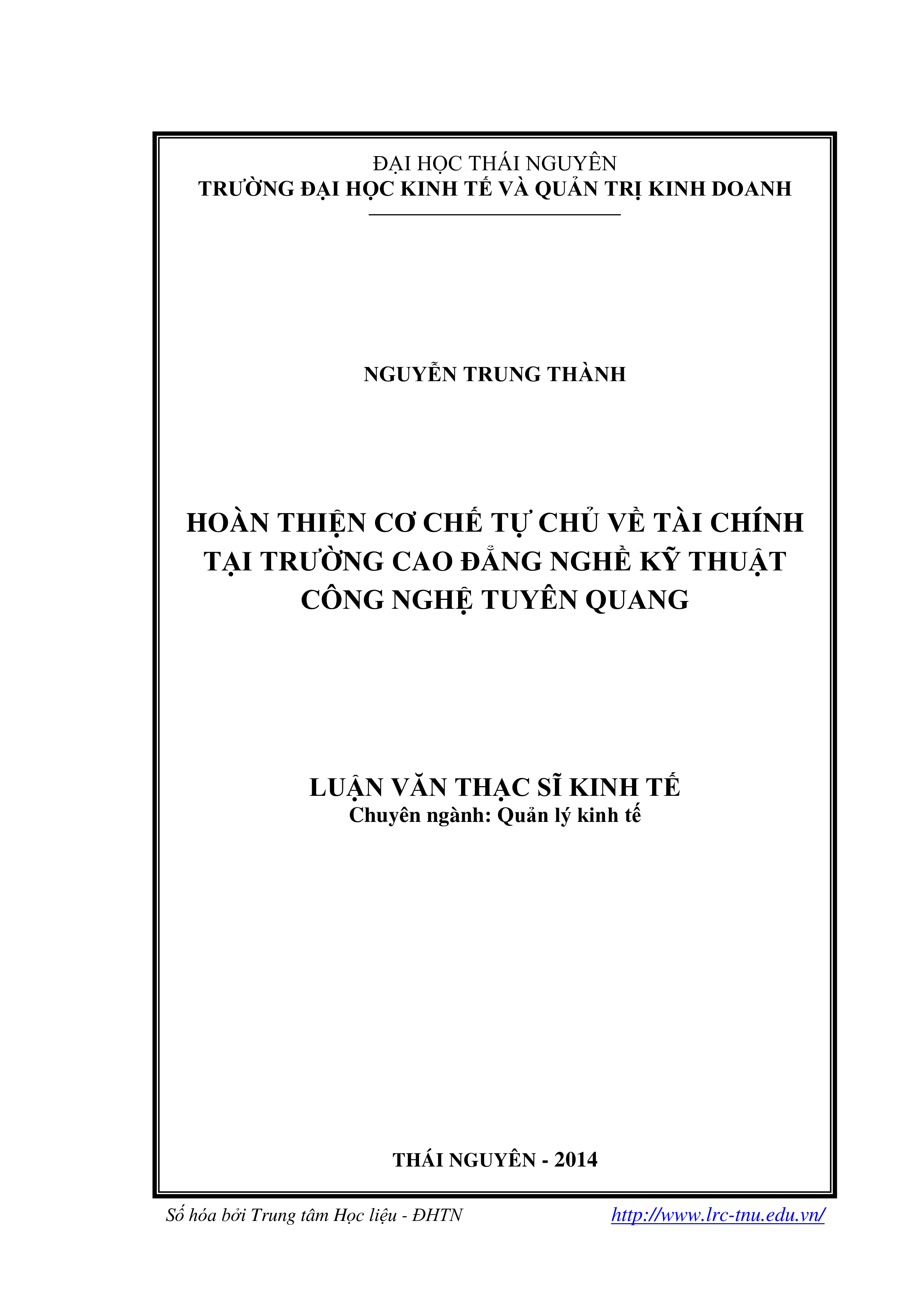 Hoàn thiện cơ chế tự chủ về tài chính tại Trường Cao đẳng nghề Kỹ thuật - Công nghệ Tuyên Quang