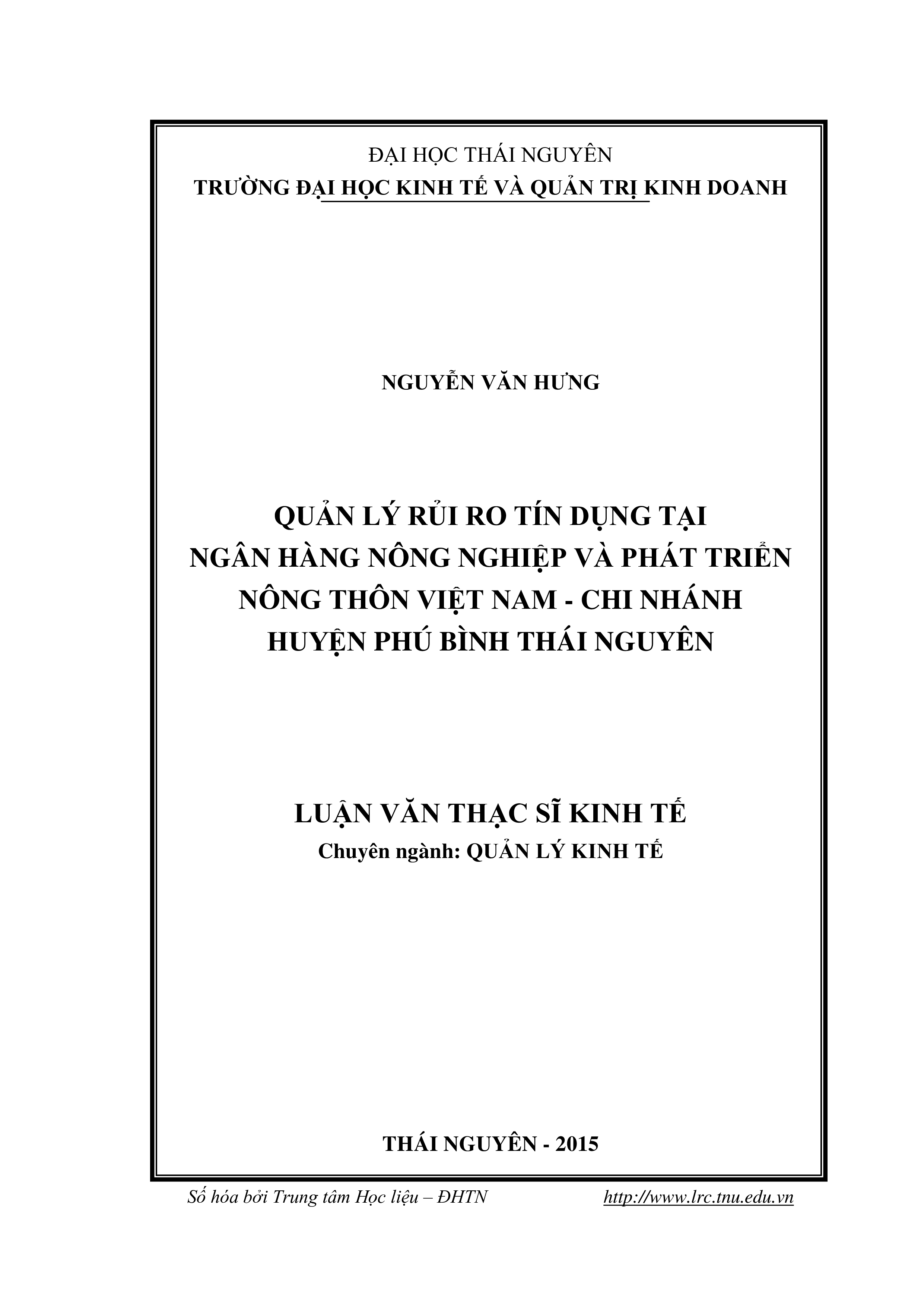 Quản lý rủi ro tín dụng tại Ngân hàng nông nghiệp và phát triển nông thôn Việt Nam - Chi nhánh Huyện Phú Bình Thái Nguyên