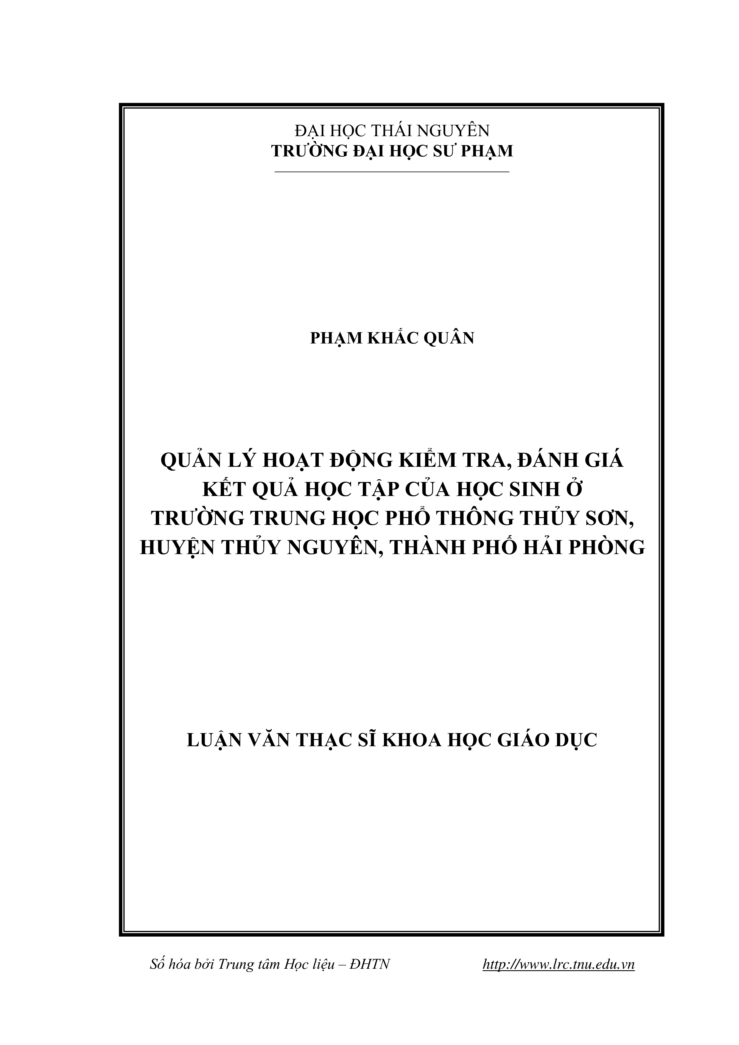 Quản lý hoạt động kiểm tra, đánh giá kết quả học tập của học sinh ở trường trung học phổ thông Thủy Sơn, huyện Thủy Nguyên, thành phố Hải Phòng