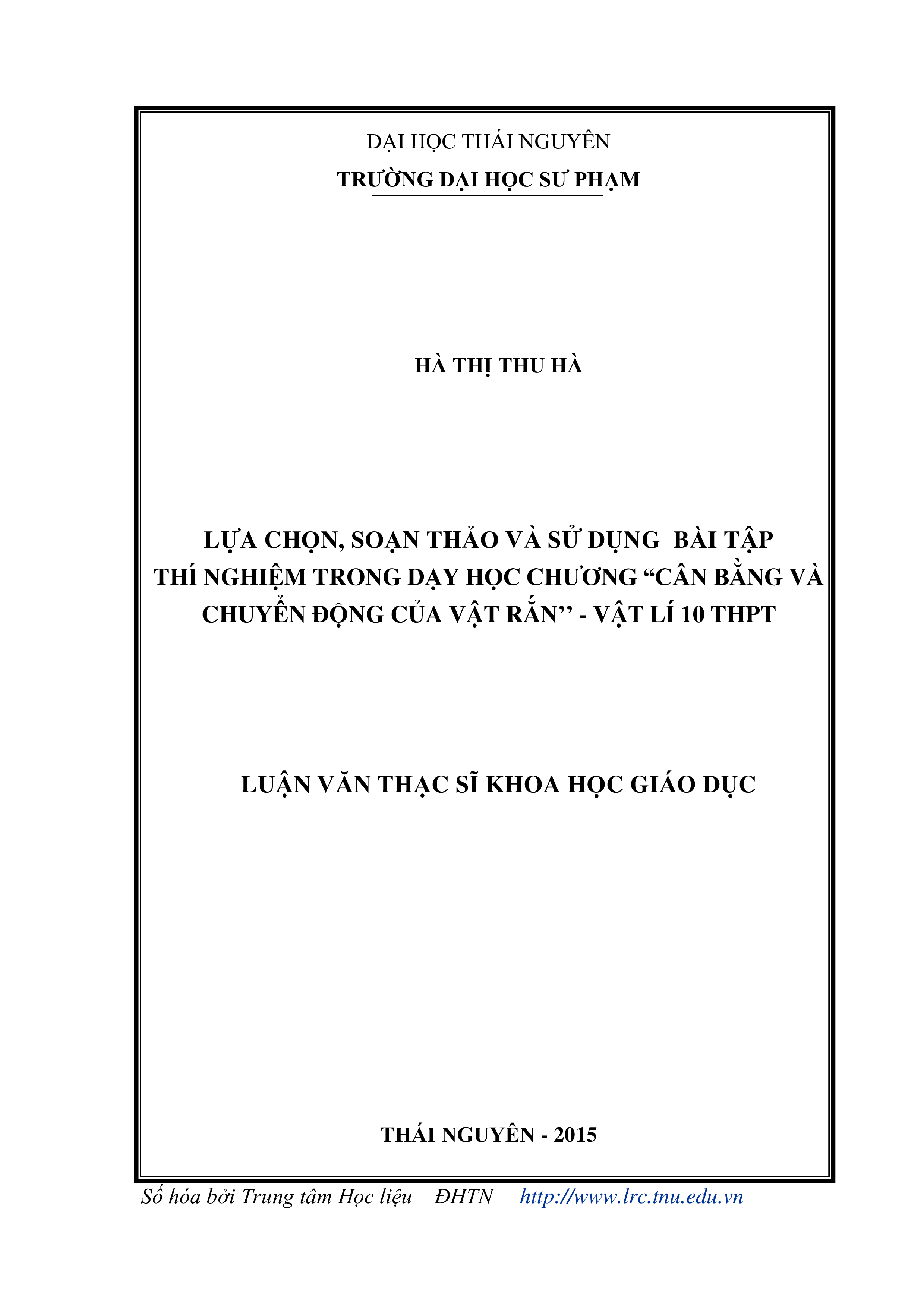 Lựa chọn, soạn thảo và sử dụng bài tập thí nghiệm trong dạy học chương 