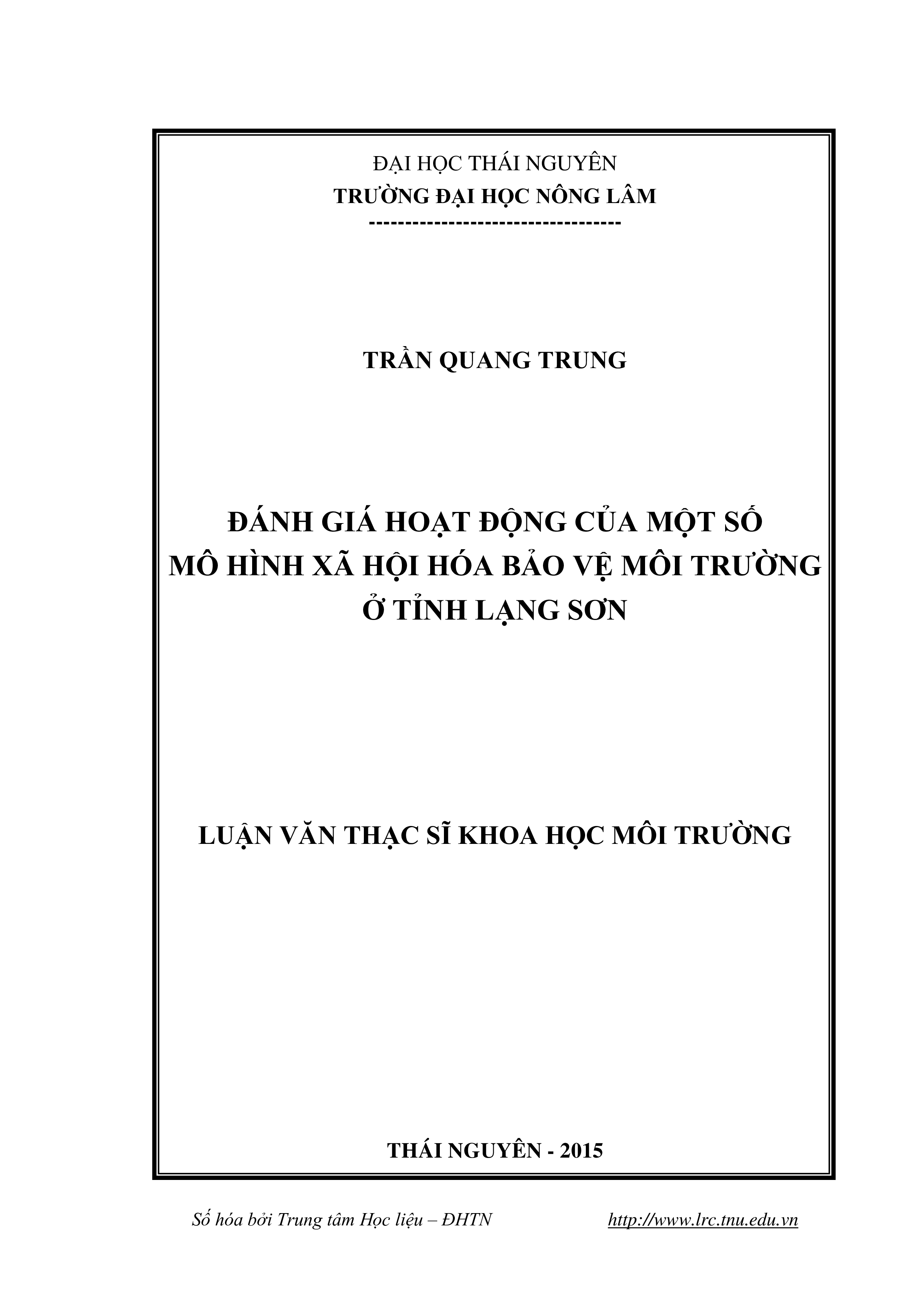 Đánh giá hoạt động của một số mô hình xã hội hóa bảo vệ môi trường ở tỉnh Lạng Sơn