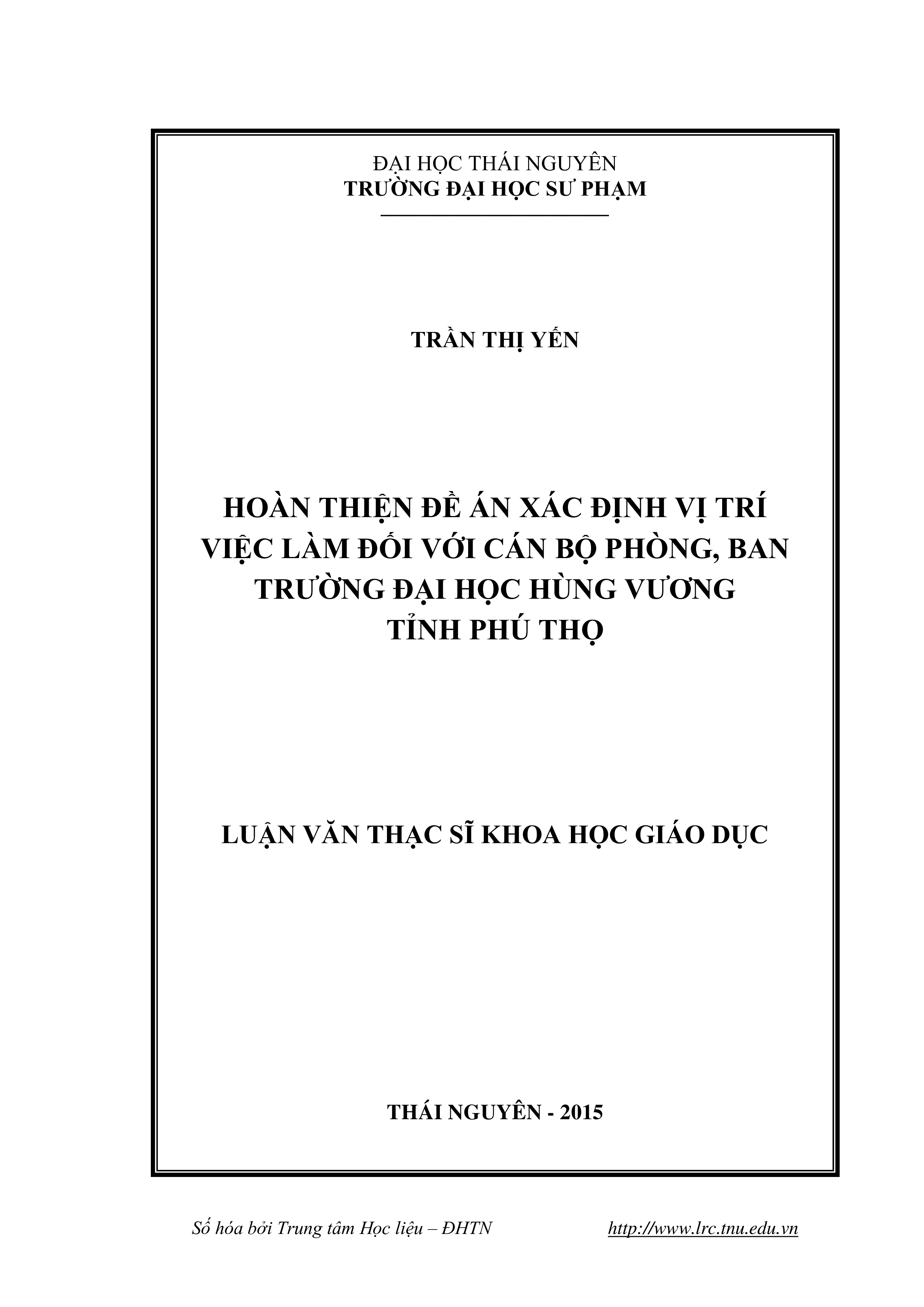 Hoàn thiện đề án xác định VTVL đối với cán bộ phòng, ban ở trường Đại học Hùng Vương tỉnh Phú Thọ