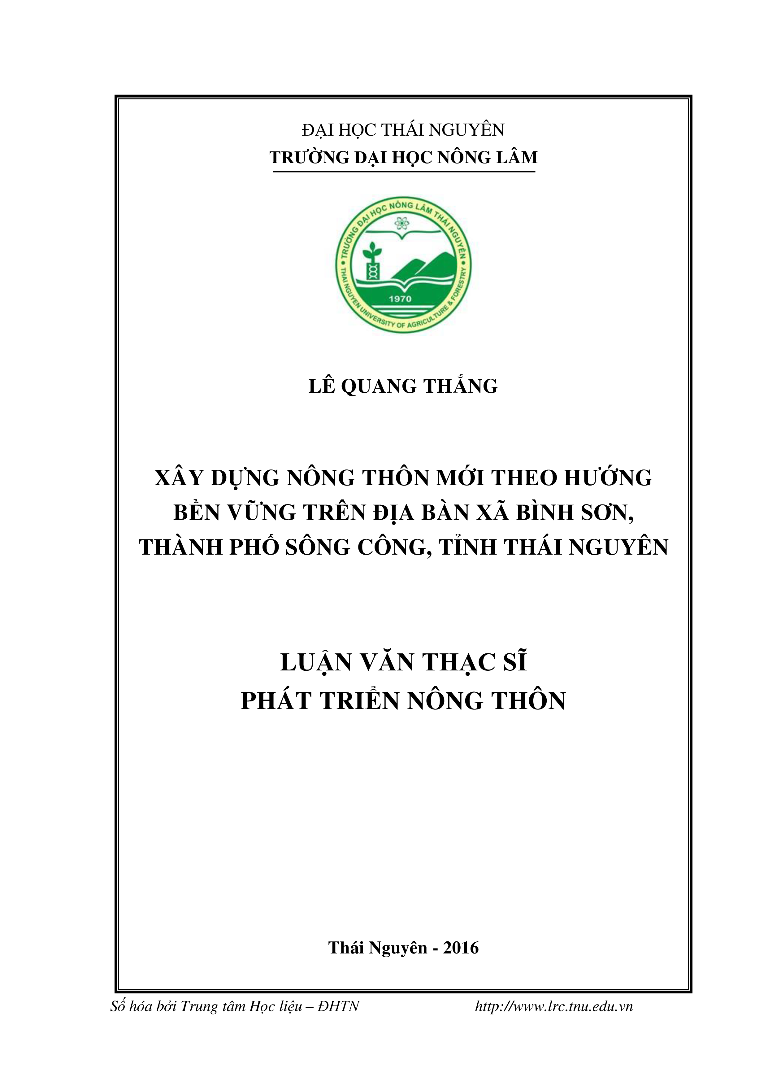 Xây dựng nông thôn mới theo hướng bền vững trên địa bàn xã Bình Sơn, thành phố Sông Công, tỉnh Thái Nguyên