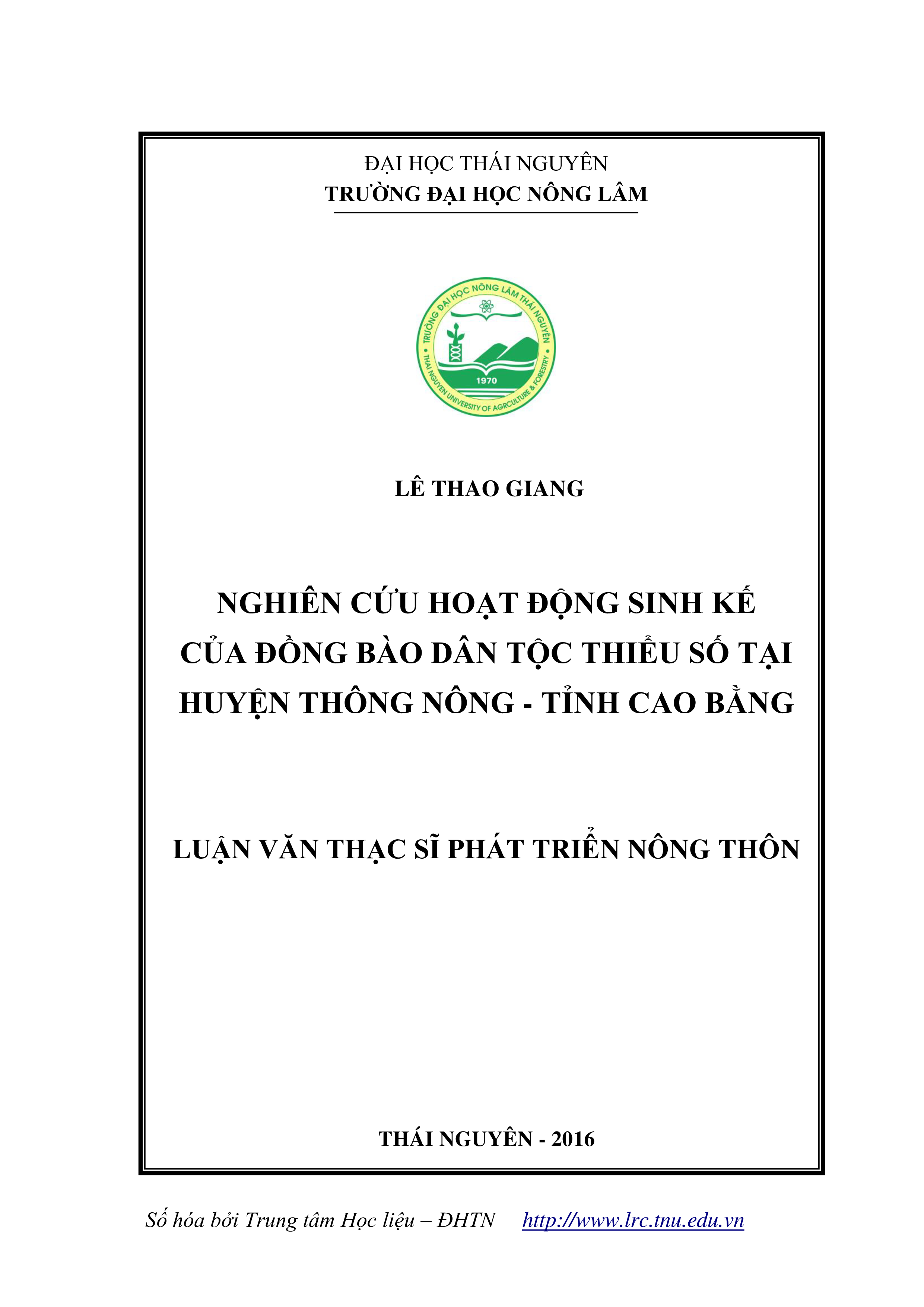 Nghiên cứu hoạt động sinh kế của đồng  bào dân tộc thiểu số tại huyện Thông Nông - tỉnh Cao Bằng