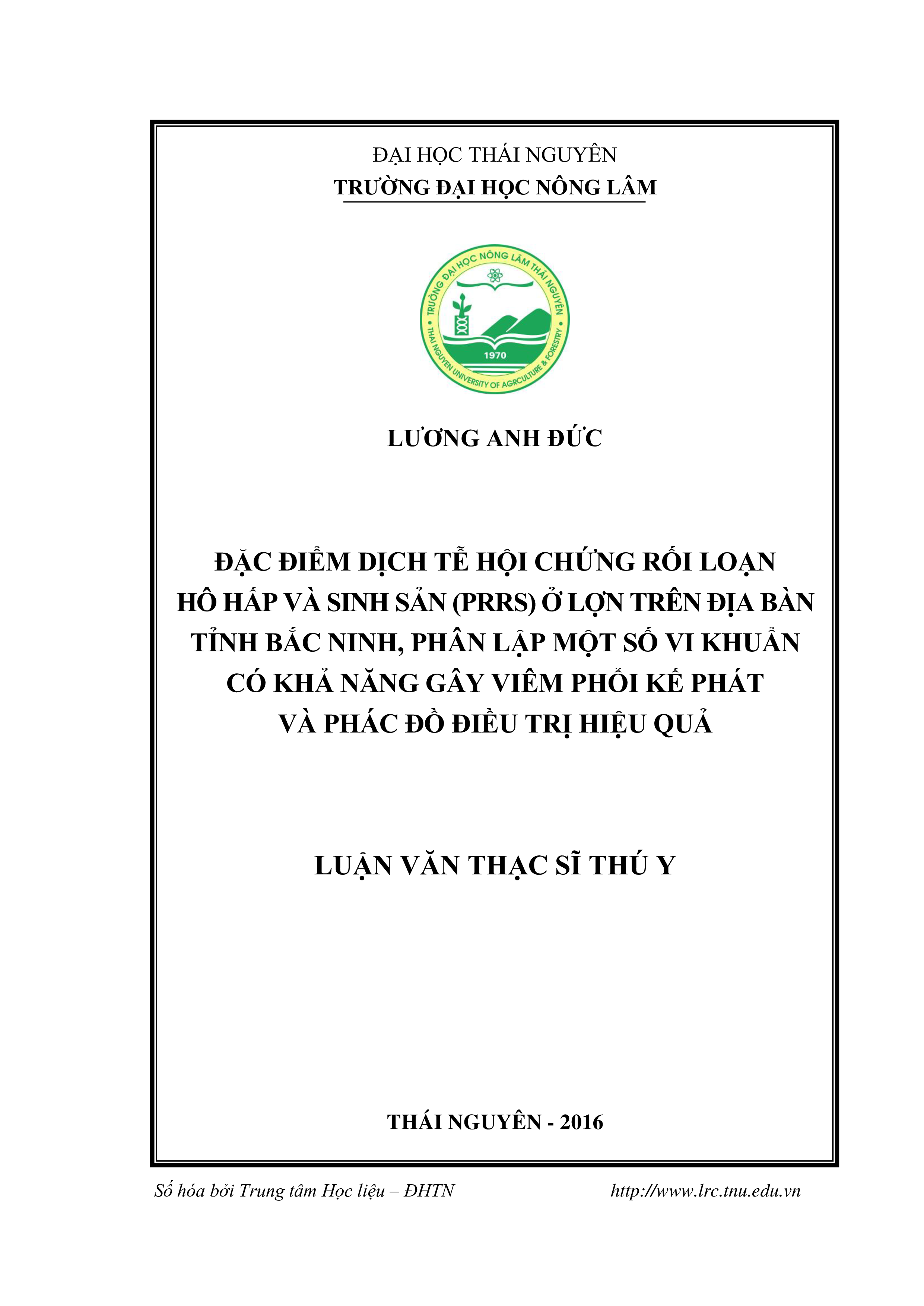 Đặc điểm dịch tễ hội chứng rối loạn hô hấp và sinh sản(PRRS) ở lợn trên địa bàn tỉnh Bắc Ninh, phân lập một số vi khuẩn có khả năng gây viêm phổi kế phát và phác đồ điều trị hiệu quả